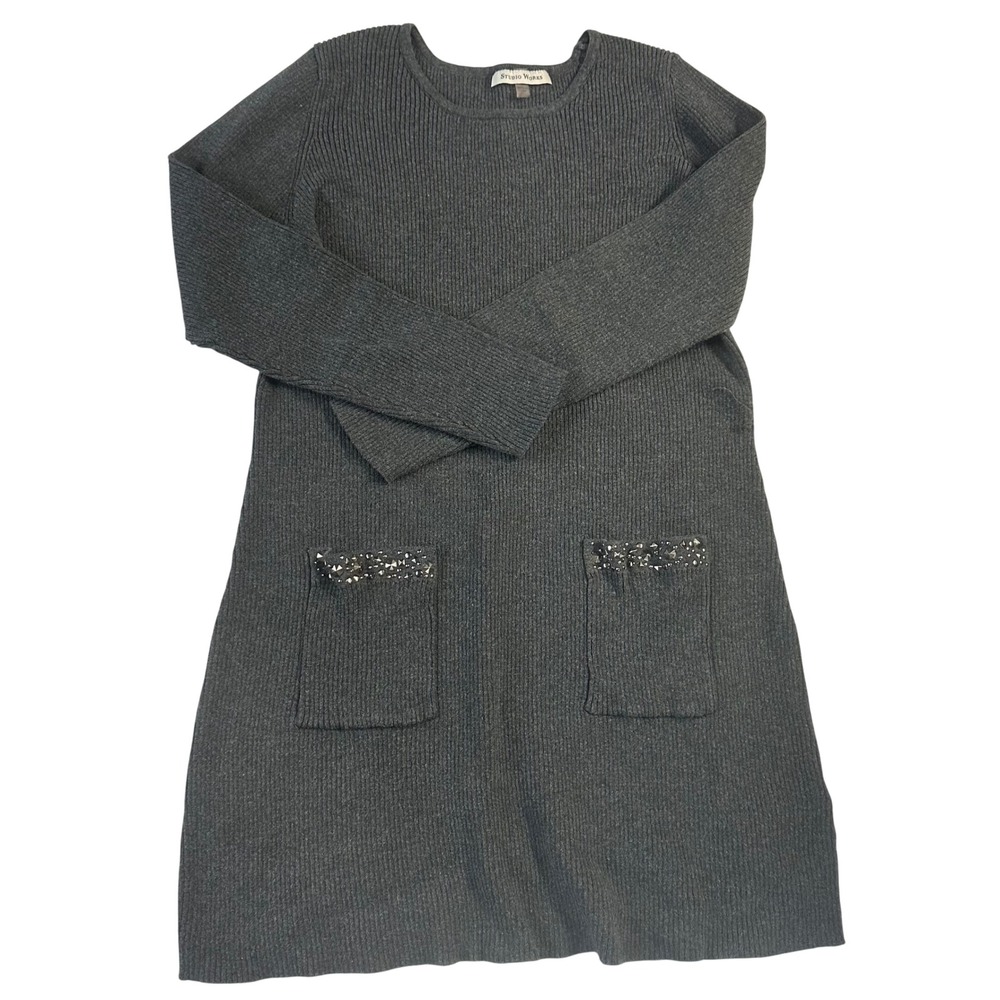 Studio Works Gray Ribbed Knit Sweater Dress Rhinestone Pocket Long Sleeve Large